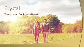  Presentation with tourism hiking - PPT theme featuring travel hiking backpacking tourism and people concept - happy couple with backpacks holding hands and walking along country road background and a sky blue colored foreground