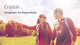  Presentation with tourism hiking - Audience pleasing presentation design consisting of travel hiking backpacking tourism and people concept - happy couple with backpacks walking along country road outdoors and pointing finger to something backdrop and a sky blue colored foreground