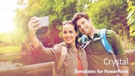  Presentation with tourism selfie - Theme having travel hiking backpacking tourism and people concept - smiling couple with backpacks taking selfie by smartphone in nature background and a coral colored foreground