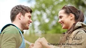  Presentation with tourism hiking - Theme having travel hiking tourism love and people concept - happy couple with backpacks holding hands outdoors background and a coral colored foreground