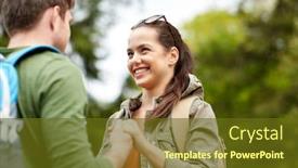  Presentation with tourism hiking - PPT theme consisting of travel hiking tourism love and people concept - happy couple with backpacks holding hands outdoors background and a tawny brown colored foreground