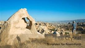  Presentation with dwelling - PPT theme enhanced with travel-in-cappadocia-tourist-standing background and a coral colored foreground