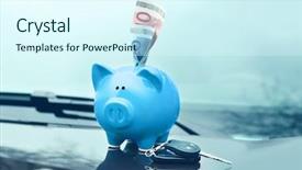  Presentation with accounting financial bank banking account - Slide set enhanced with travel incentive - ceramic piggy bank with banknote background and a cool aqua colored foreground