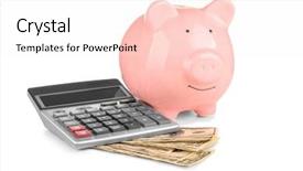  Presentation with piggy bank - PPT theme having travel incentive - piggy bank banknotes and calculator background and a  colored foreground