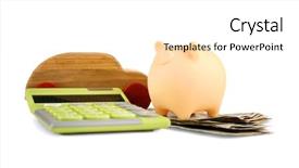  Presentation with piggy bank is evil - Audience pleasing slide set consisting of travel incentive - piggy bank calculator and wooden backdrop and a  colored foreground