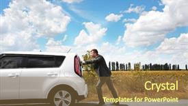  Presentation with car - Amazing slides having travel insurance - man pushing damaged car backdrop and a tawny brown colored foreground