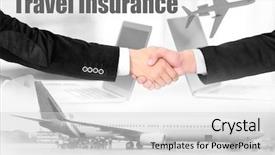  Presentation with shaking hands - Slide deck with travel insurance concept businessmen shaking background and a light gray colored foreground