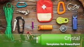  Presentation with tourism hiking - PPT theme having travel-items-for-hiking-tourism background and a shamrock green colored foreground