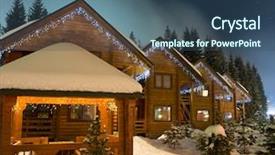  Presentation with ski - PPT theme enhanced with travel lodging - beautiful ski chalets at night background and a ocean colored foreground