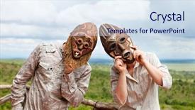  Presentation with savanna - Beautiful presentation theme featuring travel lodging - couple in african masks standing backdrop and a sky blue colored foreground