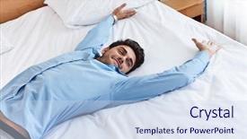  Presentation with bed - Presentation design enhanced with travel lodging - exhausted young businessman lying background and a sky blue colored foreground