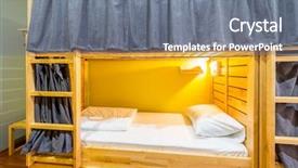  Presentation with beds - Slide deck with travel lodging - hostel dormitory beds arranged background and a gray colored foreground