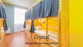  Presentation with beds - Audience pleasing slide deck consisting of travel lodging - hostel dormitory beds arranged backdrop and a gold colored foreground
