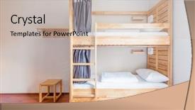  Presentation with beds - Colorful slide deck enhanced with travel lodging - hostel dormitory beds arranged backdrop and a soft green colored foreground