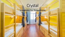  Presentation with beds - Audience pleasing PPT layouts consisting of travel lodging - hostel dormitory beds arranged backdrop and a soft green colored foreground