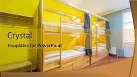  Presentation with beds - PPT layouts enhanced with travel lodging - hostel dormitory beds arranged background and a gold colored foreground