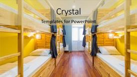 Presentation with beds - Audience pleasing PPT theme consisting of travel lodging - hostel dormitory beds arranged backdrop and a soft green colored foreground