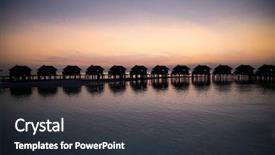  Presentation with sunset water dolphin - PPT theme having travel lodging - luxury water lodges in sunset background and a tawny brown colored foreground