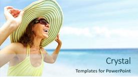  Presentation with beautiful skin and beach - Colorful presentation theme enhanced with travel mexico - happy beautiful woman backdrop and a sky blue colored foreground