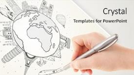  Presentation with travel globe - PPT theme with travel passport - hand drawing vacation trip background and a sky blue colored foreground