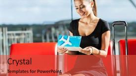  Presentation with air - Beautiful theme featuring travel passport - happy young businesswoman looking backdrop and a red colored foreground