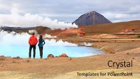  Presentation with hot spring - Beautiful theme featuring travel people by geothermal energy backdrop and a coral colored foreground