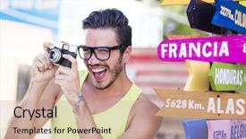  Presentation with geek - Slide set featuring travel pictures - hipster young guy background and a coral colored foreground