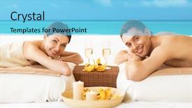  Presentation with champagne - Colorful theme enhanced with travel pictures - picture of couple backdrop and a light blue colored foreground