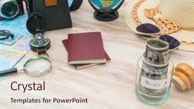  Presentation with passport travel - Slide deck having travel preparation compass money passport background and a  colored foreground