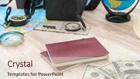  Presentation with passport travel - Slides enhanced with travel preparation compass money passport background and a  colored foreground