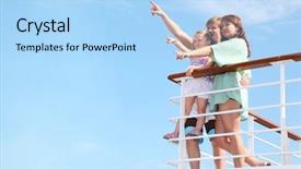  Presentation with yacht - PPT layouts enhanced with travel ship - young happy family rests background and a light blue colored foreground