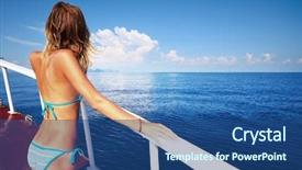  Presentation with yacht - Amazing theme having travel ship - young woman in swimsuit standing backdrop and a ocean colored foreground