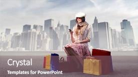  Presentation with street - Colorful PPT theme enhanced with travel shops - beautiful woman sitting backdrop and a violet colored foreground