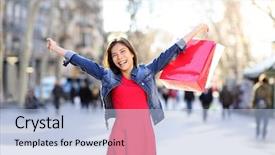 Presentation with girl model - Presentation theme with travel shops - shopping woman excited happy background and a light blue colored foreground
