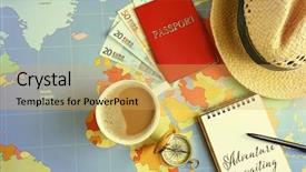  Presentation with world travel - Colorful PPT layouts enhanced with travel stuff on world backdrop and a yellow colored foreground