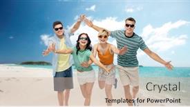  Presentation with polynesia - Slide deck with travel summer holidays and tourism concept - group of happy smiling friends in sunglasses having fun over tropical beach background in french polynesia background and a soft green colored foreground