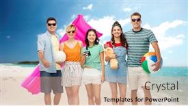  Presentation with polynesia - PPT theme enhanced with travel summer holidays and tourism concept - group of happy smiling friends in sunglasses with ball volleyball towel camera and floating mattress over tropical beach background in french polynesia background and a soft green colored foreground