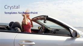  Presentation with people enjoying - Beautiful PPT theme featuring travel summer holidays road trip and people concept - happy young woman wearing hat in convertible car enjoying sun backdrop and a sky blue colored foreground