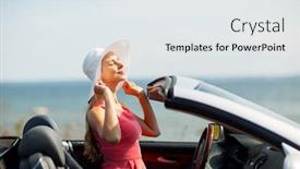  Presentation with people enjoying - Audience pleasing theme consisting of travel summer holidays road trip and people concept - happy young woman wearing hat in convertible car enjoying sun backdrop and a white colored foreground