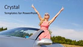  Presentation with people enjoying - Colorful presentation design enhanced with travel summer holidays road trip and people concept - happy young woman wearing sunglasses in convertible car enjoying sun backdrop and a light blue colored foreground