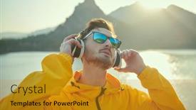  Presentation with music headphones - PPT theme with travel-summer-vacations-outdoor background and a gold colored foreground