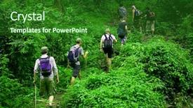  Presentation with green travel - Colorful slides enhanced with travel thailand - group of trekkers hike backdrop and a forest green colored foreground