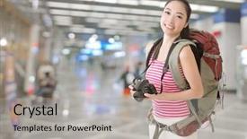  Presentation with station - Colorful presentation theme enhanced with travel tourism - smiling traveling asian girl holding backdrop and a light gray colored foreground
