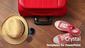  Presentation with suitcase - Presentation having travel tourism - suitcase and tourist stuff background and a tawny brown colored foreground