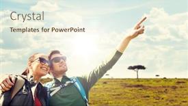  Presentation with savannah - PPT theme consisting of travel tourism and people concept - happy couple with backpacks outdoors pointing finger to something over african savannah background background and a cream colored foreground