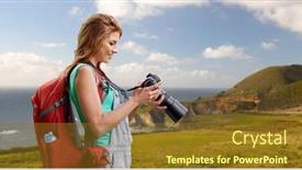 Presentation with tourism - Colorful presentation enhanced with travel tourism and photography concept - happy young woman with backpack and camera photographing over big sur coast of california background backdrop and a tawny brown colored foreground