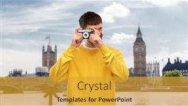  Presentation with camera film - Colorful PPT theme enhanced with travel-tourism-and-photography-concept backdrop and a gold colored foreground