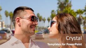  Presentation with relationships - Colorful slide deck enhanced with travel tourism and relationships concept - happy smiling couple in sunglasses hugging over venice beach background in california backdrop and a red colored foreground