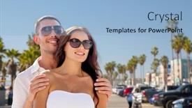  Presentation with relationships - Slide deck having travel tourism and relationships concept - happy smiling couple in sunglasses over venice beach background in california background and a light blue colored foreground