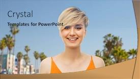  Presentation with tourism - Amazing PPT theme having travel tourism and summer holidays concept - portrait of happy smiling young woman over venice beach background in california backdrop and a light blue colored foreground